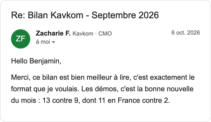 Mail de Zacharie, Kavkom : les démos, c'est la bonne nouvelle du mois, 13 contre 9.
