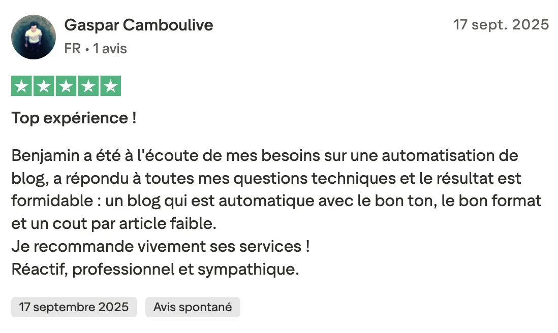 Avis Trustpilot 5 étoiles de Gaspar Camboulive